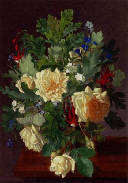 A Still Life With Yellow Roses And Fressia